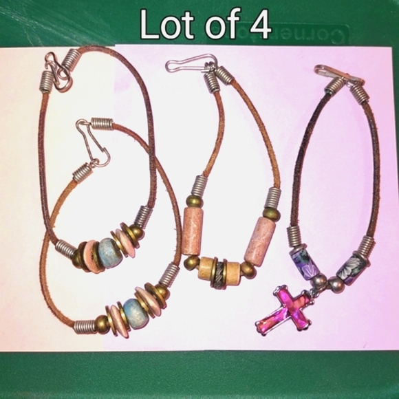 Hand Crafted Jewelry - Lot of 4: Crystal Cross & Beaded Suede Bracelets